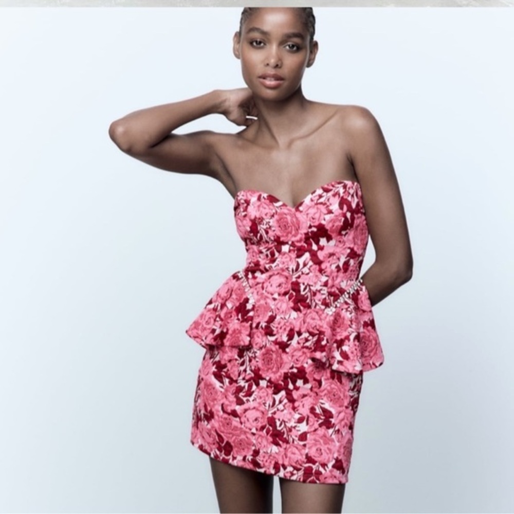 Zara Pink Ruffled Strapless Mini Dress